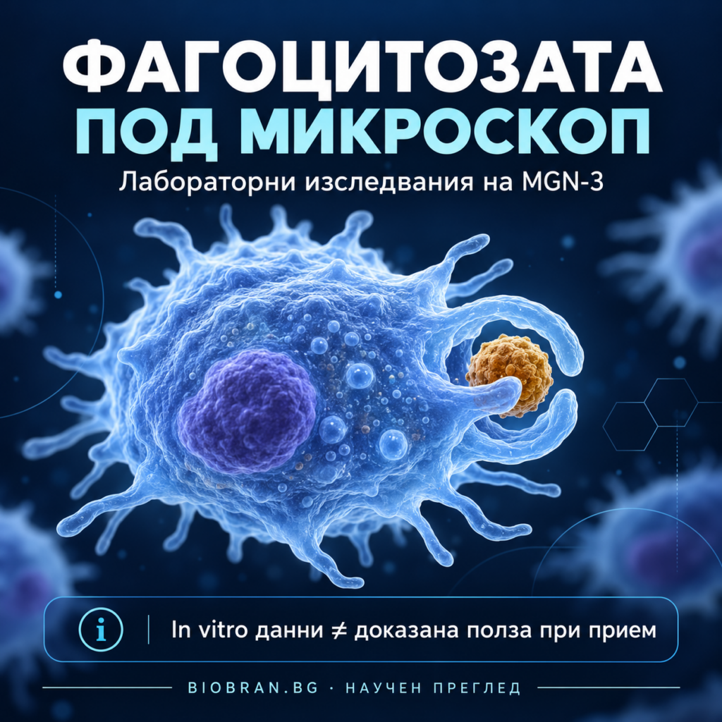 Научна илюстрация на макрофаг, който поглъща частица; лабораторните данни за MGN-3 не доказват полза при прием.